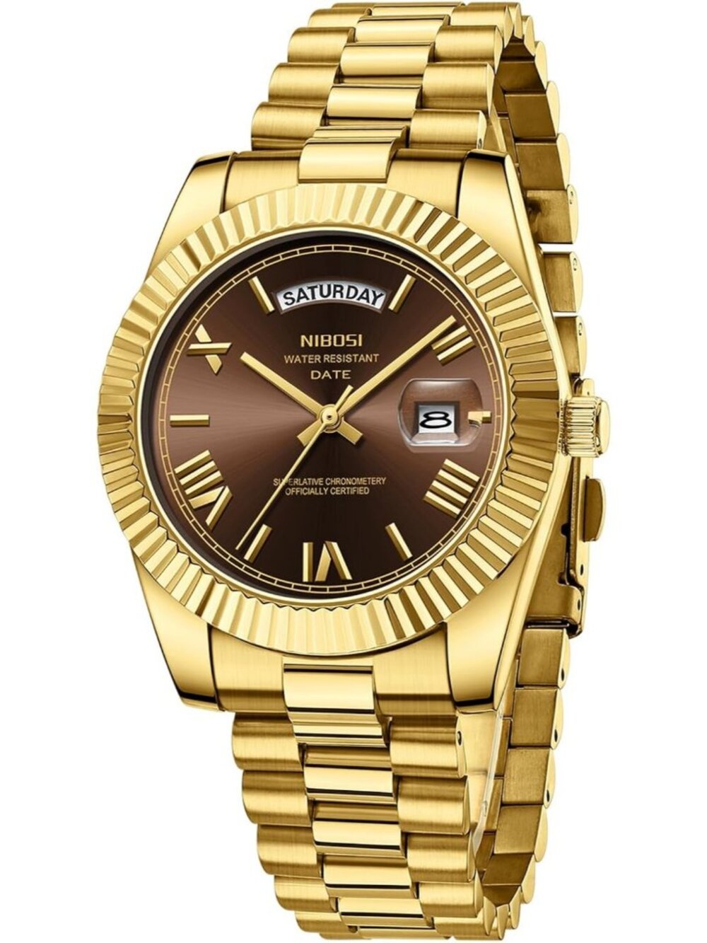 Nibosbati Men's Gold Analog Quartz Stainless Brown Face Waterproof Desiger Watch